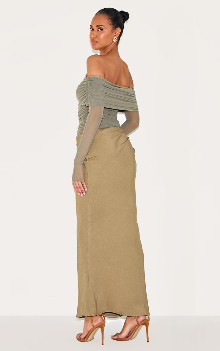 Olive Satin Mesh Detail Bardot Maxi Dress