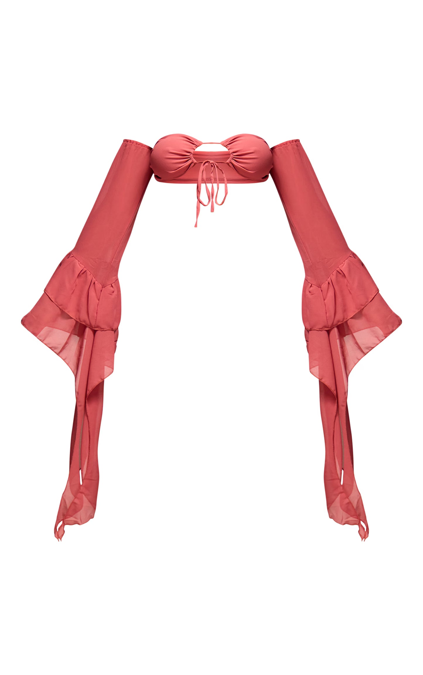 Peach Chiffon Bardot Tie Detail Long Sleeve Crop Top