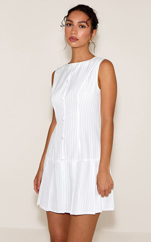 White Pinstripe Button Down Pleated Hem Shift Dress