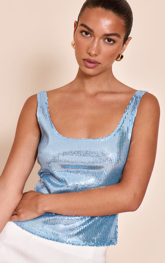 Sky Blue Sequin Scoop Neck Long Top
