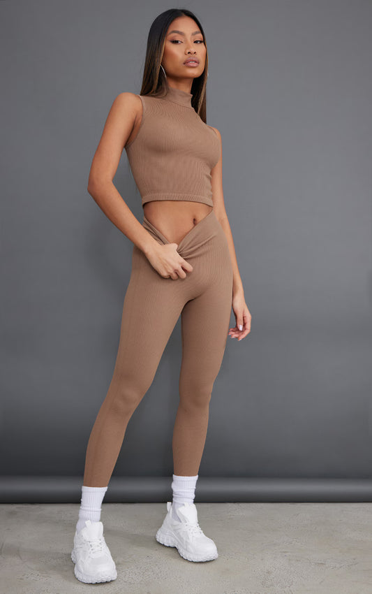 Brown Structured Snatched Rib Leggings