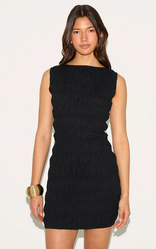 Black Boat Neck Shirred Bodycon Dress