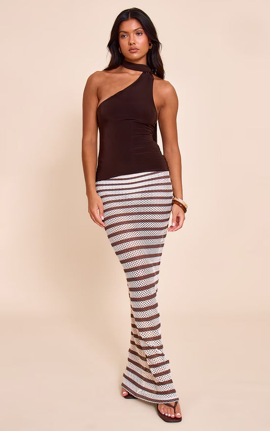 Taupe Textured Stripe Bandeau Maxi Dress