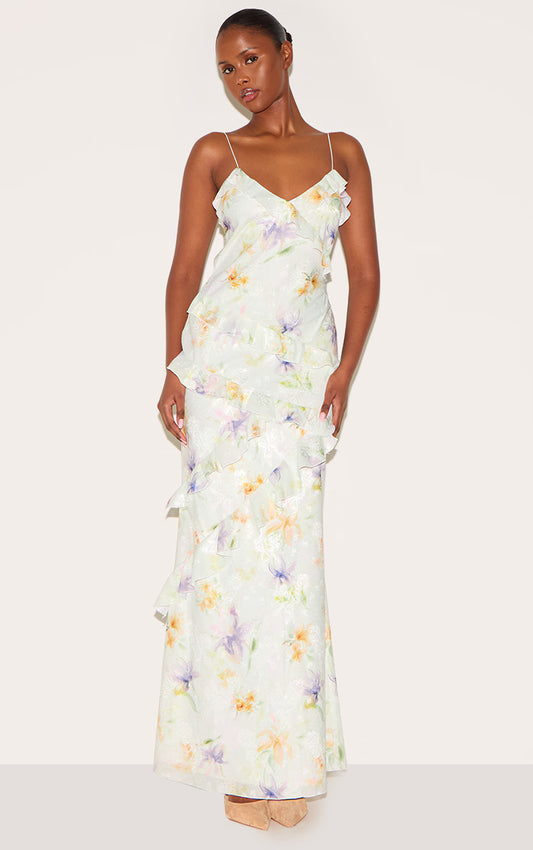 Multi Floral Embroidered Frill Maxi Dress