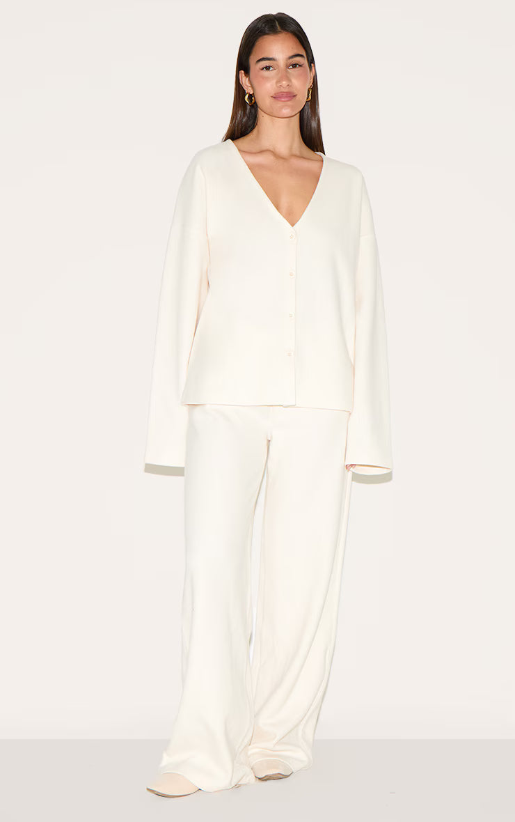 Cream Heavy Brushed Rib V Neck Button Up Cardigan