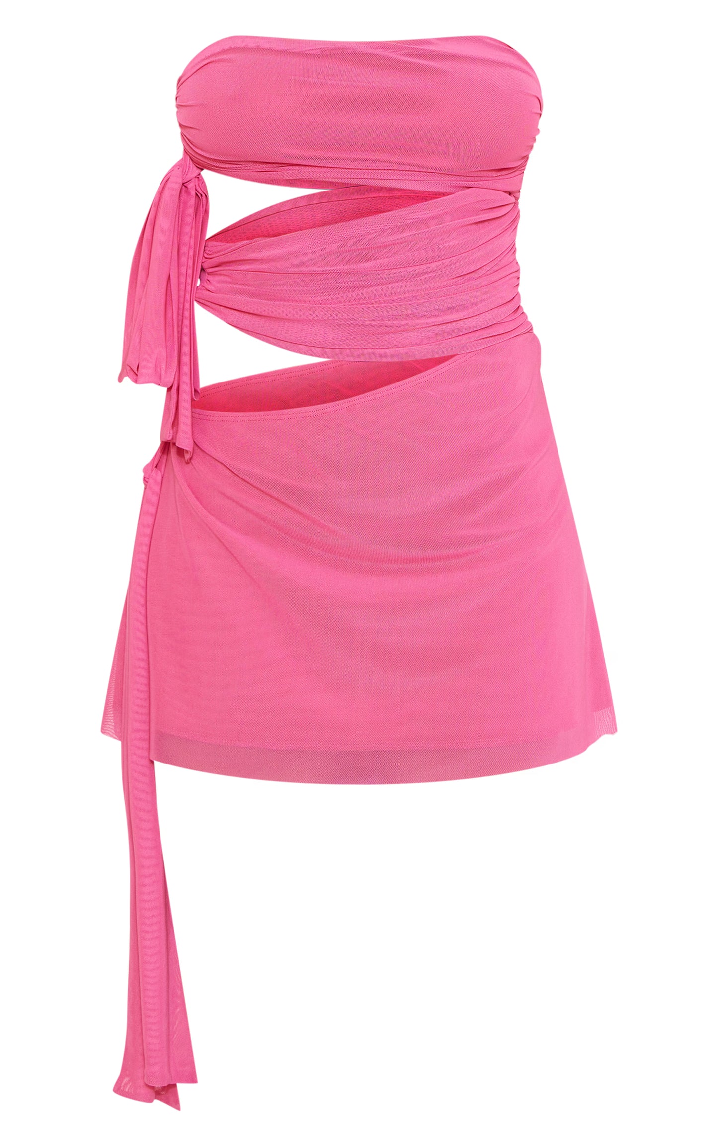 Bright Pink Mesh Bandeau Tie Waist Cut Out Mini Dress