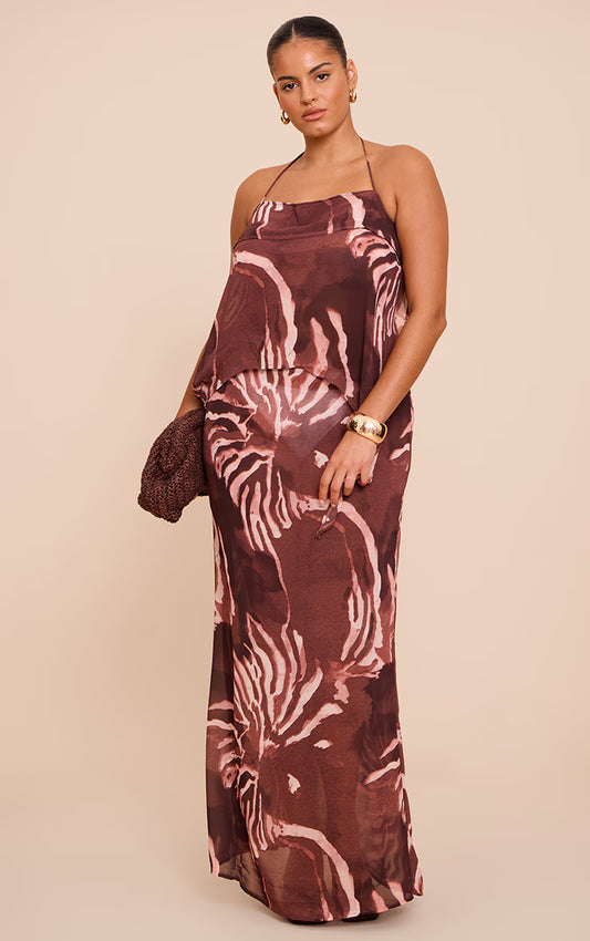 Plus Brown Chiffon Floral Mid Rise Tie Side Maxi Skirt