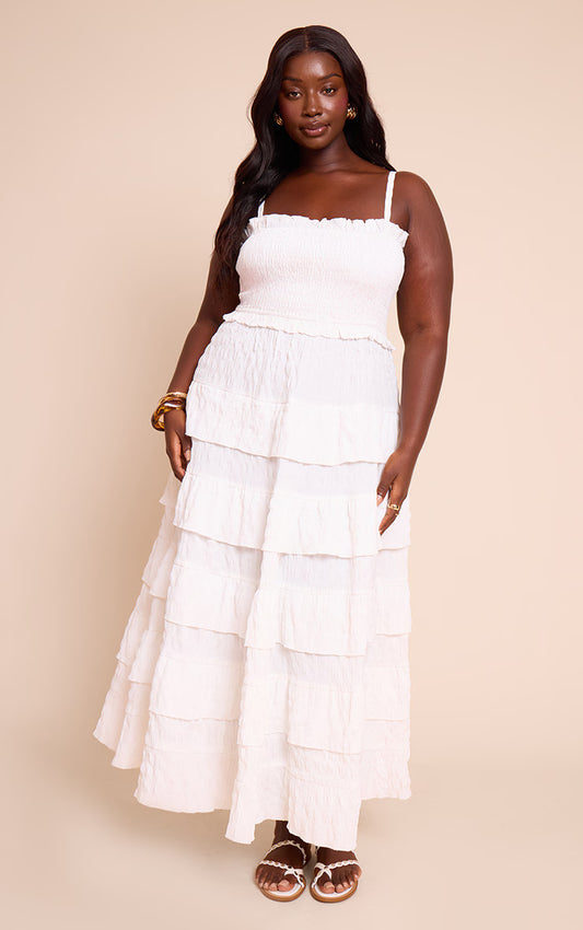 Plus White Textured Shirred Tiered Maxi Dress