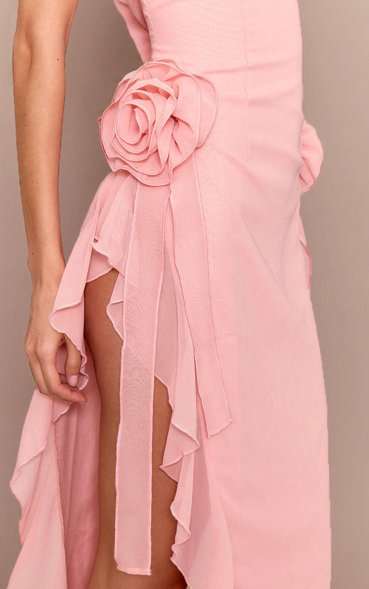 Blush  Floral Bandeau Corsage Frill Detail Midaxi Dress