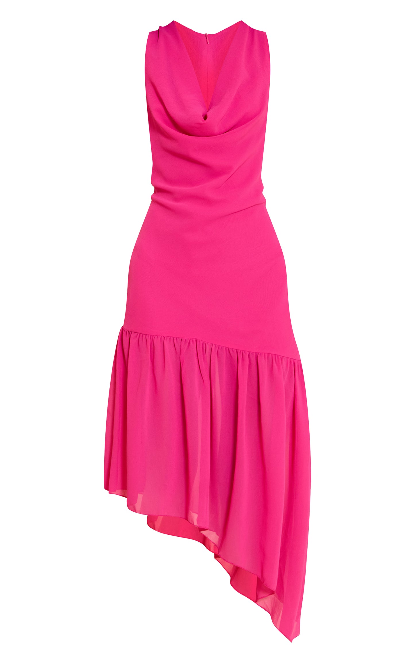 Fuschia Chiffon Drape Detail Asymmetric Midaxi Dress