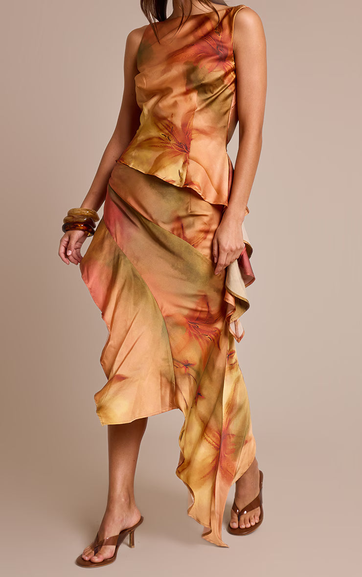 Burnt Orange Printed Satin Asymmetric Ruffle Midi Skirt