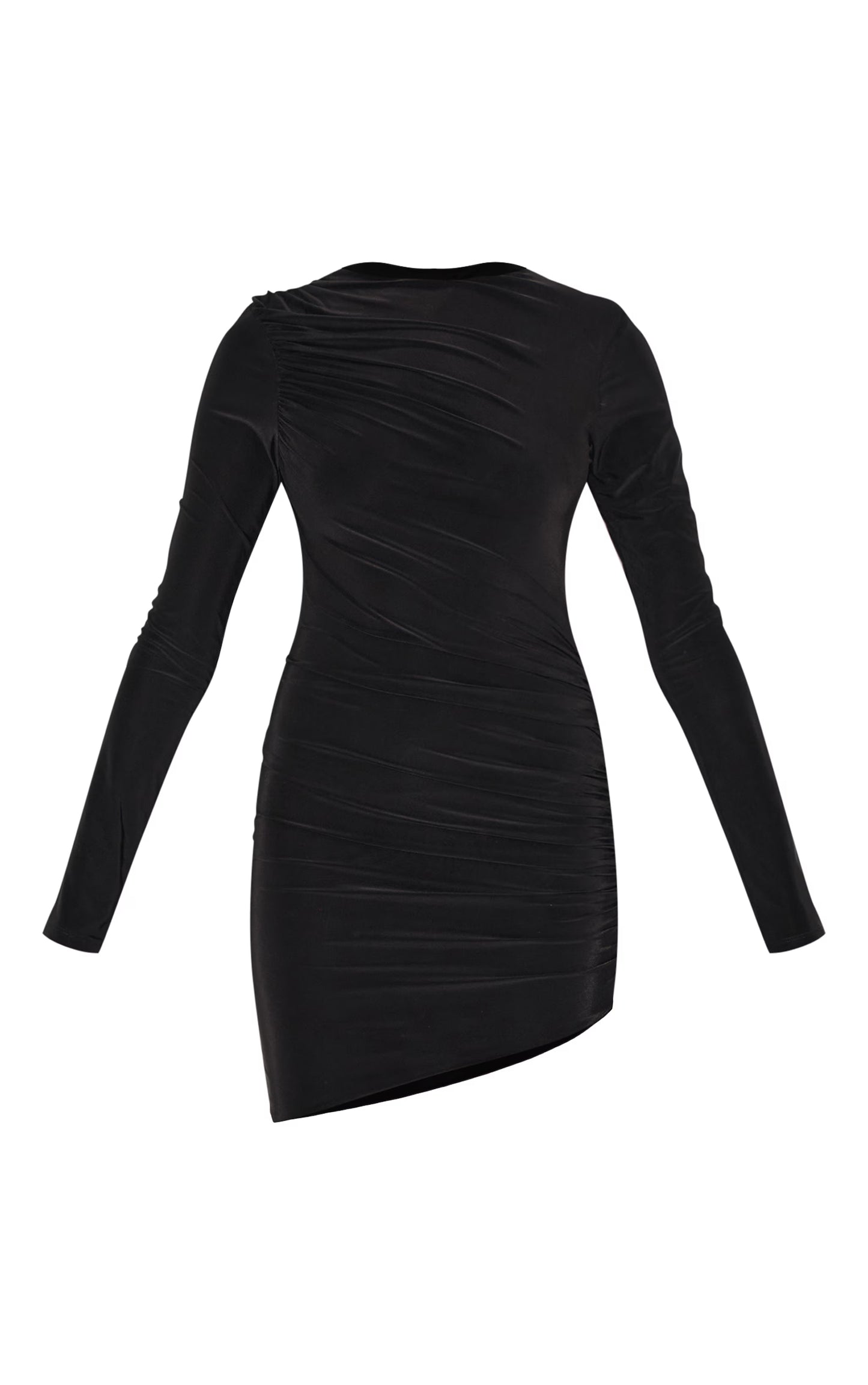 Black Double Layer Slinky Ruched Long Sleeve Mini Dress