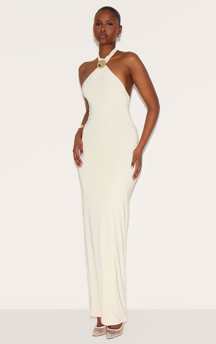 Almond Double Layered Slinky Halter Neck Trim Detail Maxi Dress