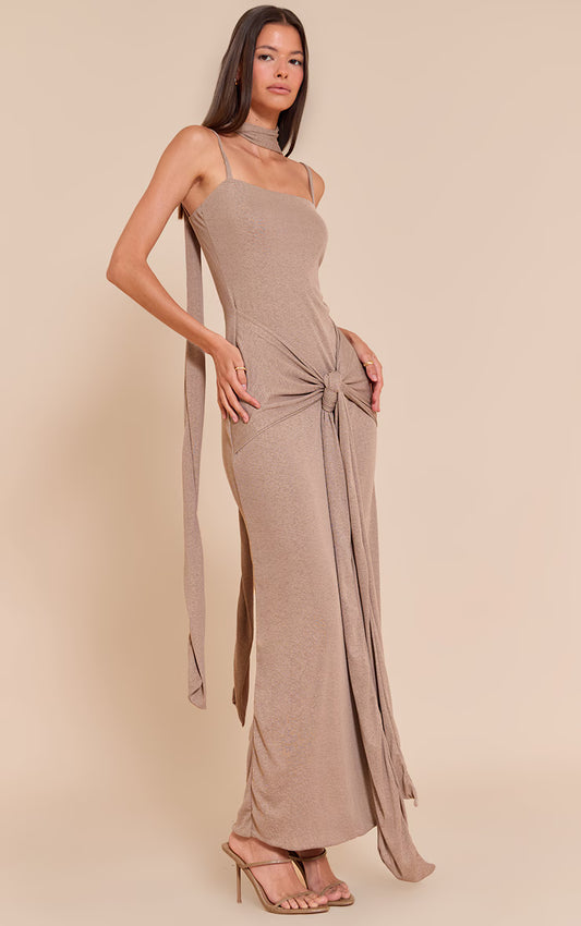 Mushroom Burnout Mesh Scarf Detail Maxi Dress