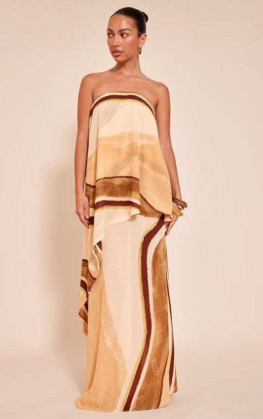 Green Abstract Chiffon Bandeau Overlay Maxi Dress