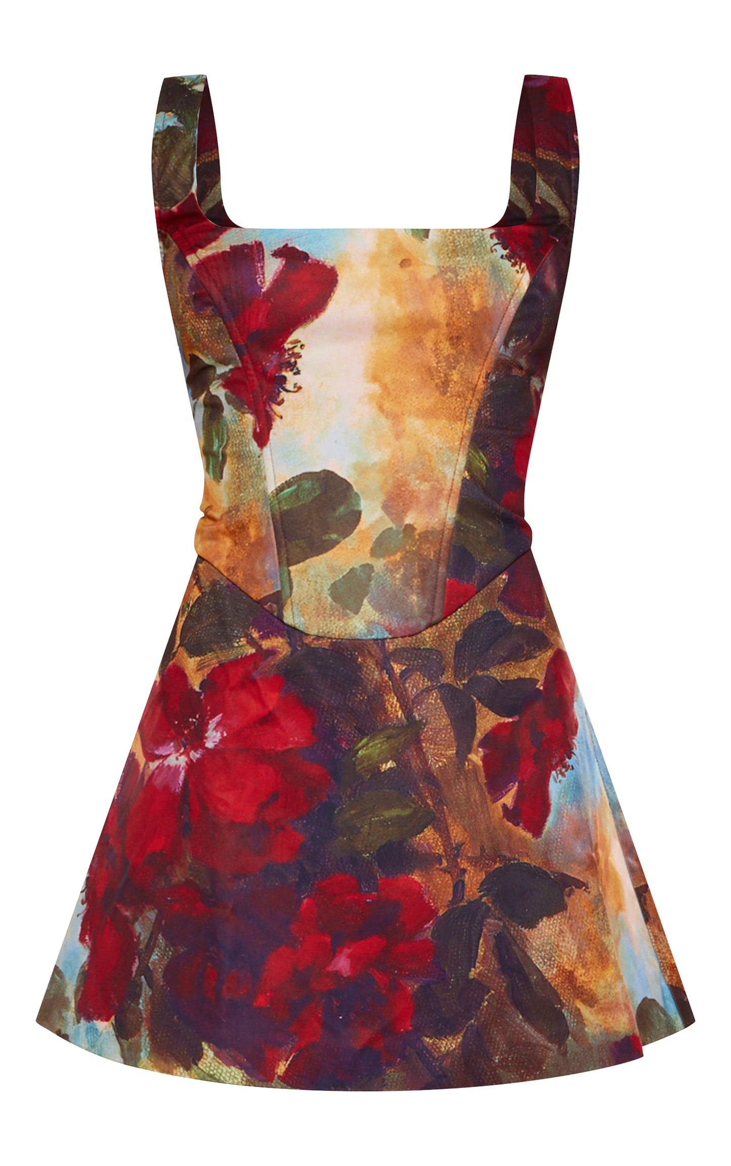 Dark Red Floral Corset A Line Shift Dress