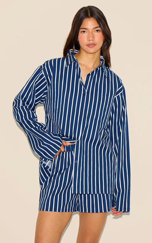 Navy Striped Oversized Long Sleeve Shirt
