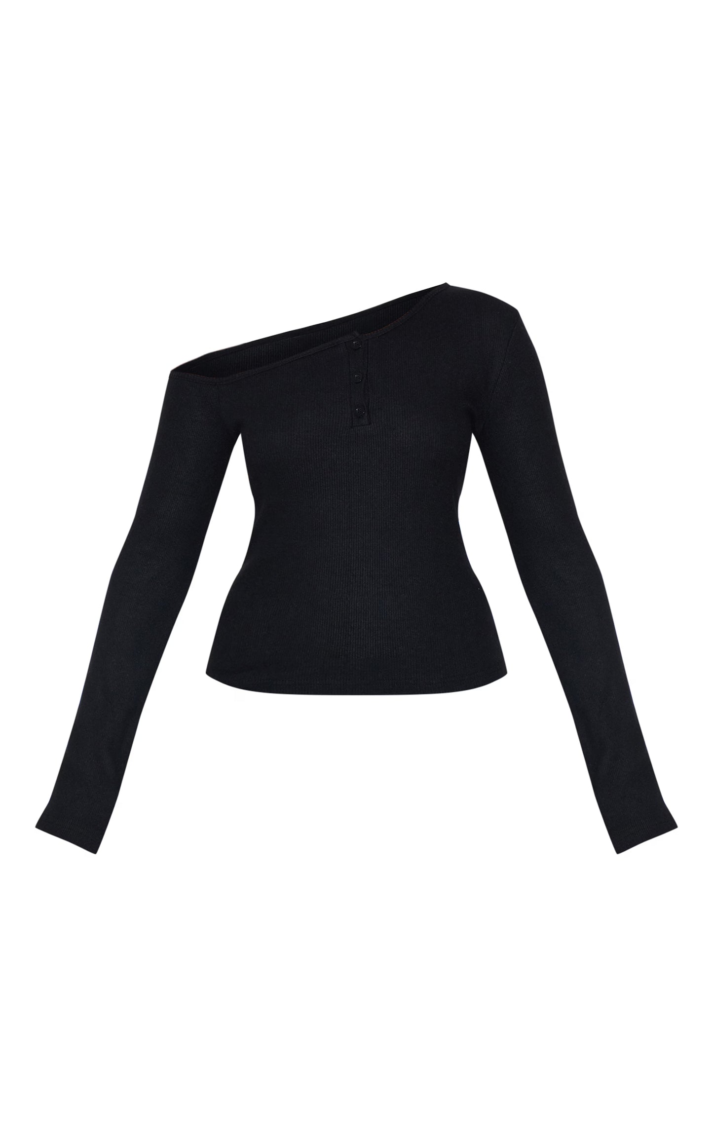Black Rib Button Detail Asymmetric Long Sleeve Top