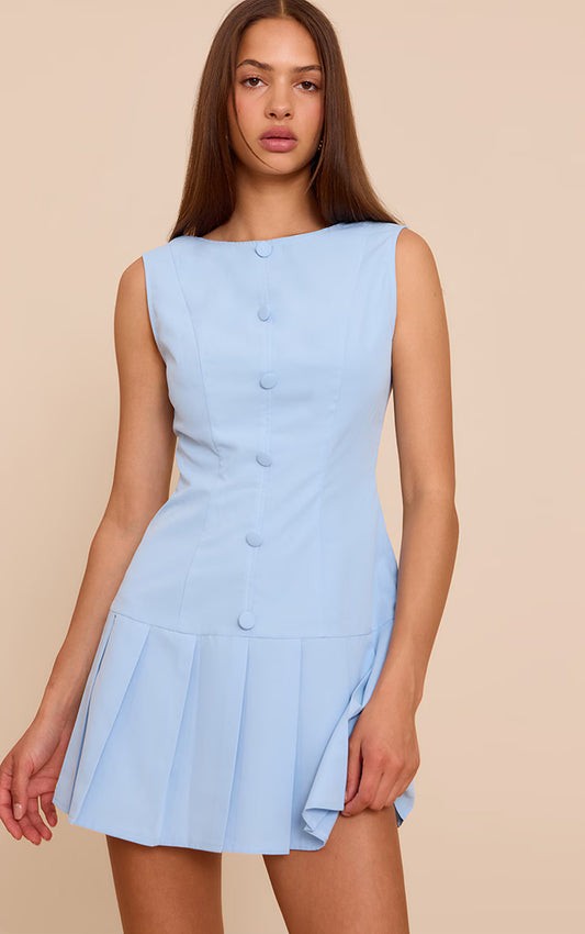 Baby Blue Button Down Pleated Hem Shift Dress