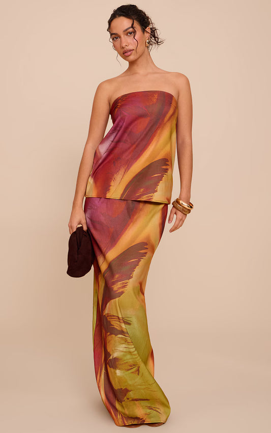 Multi Flower Print Woven Maxi Skirt