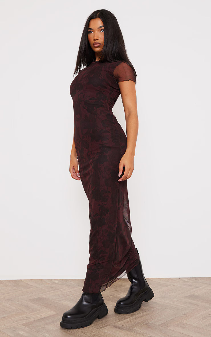 Burgundy Floral Print Mesh Short Sleeve Maxi Dress
