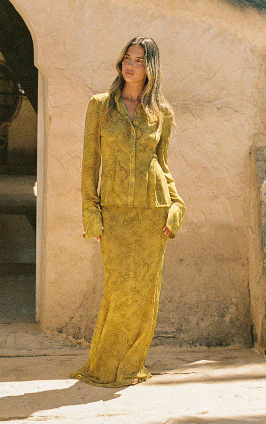 Chartreuse Abstract Print Chiffon Fishtail Maxi Skirt
