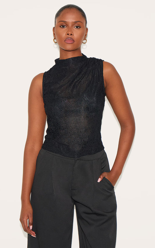 Black Lace Ruched Shoulder High Neck Top