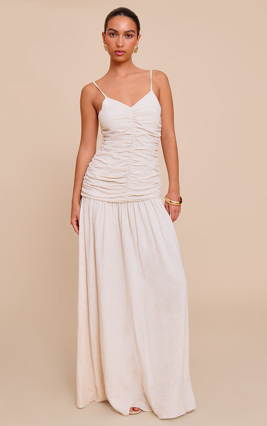 Natural Textured Linen Look Woven Ruched Detail Dropped Hem Maxi Dress