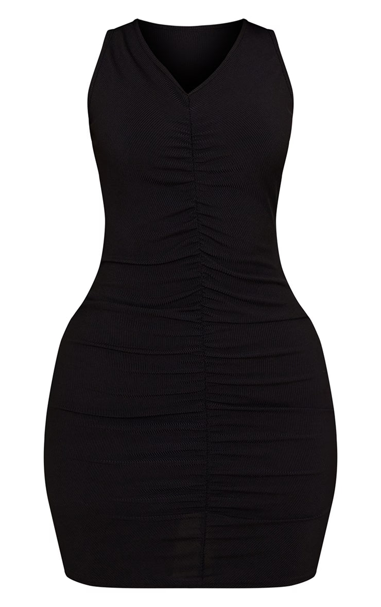 Petite Black Ribbed Ruched Racer Bodycon Dress