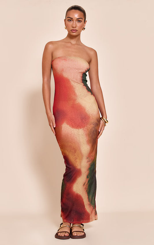 Rust Abstract Onion Skin Bandeau Print Maxi Dress