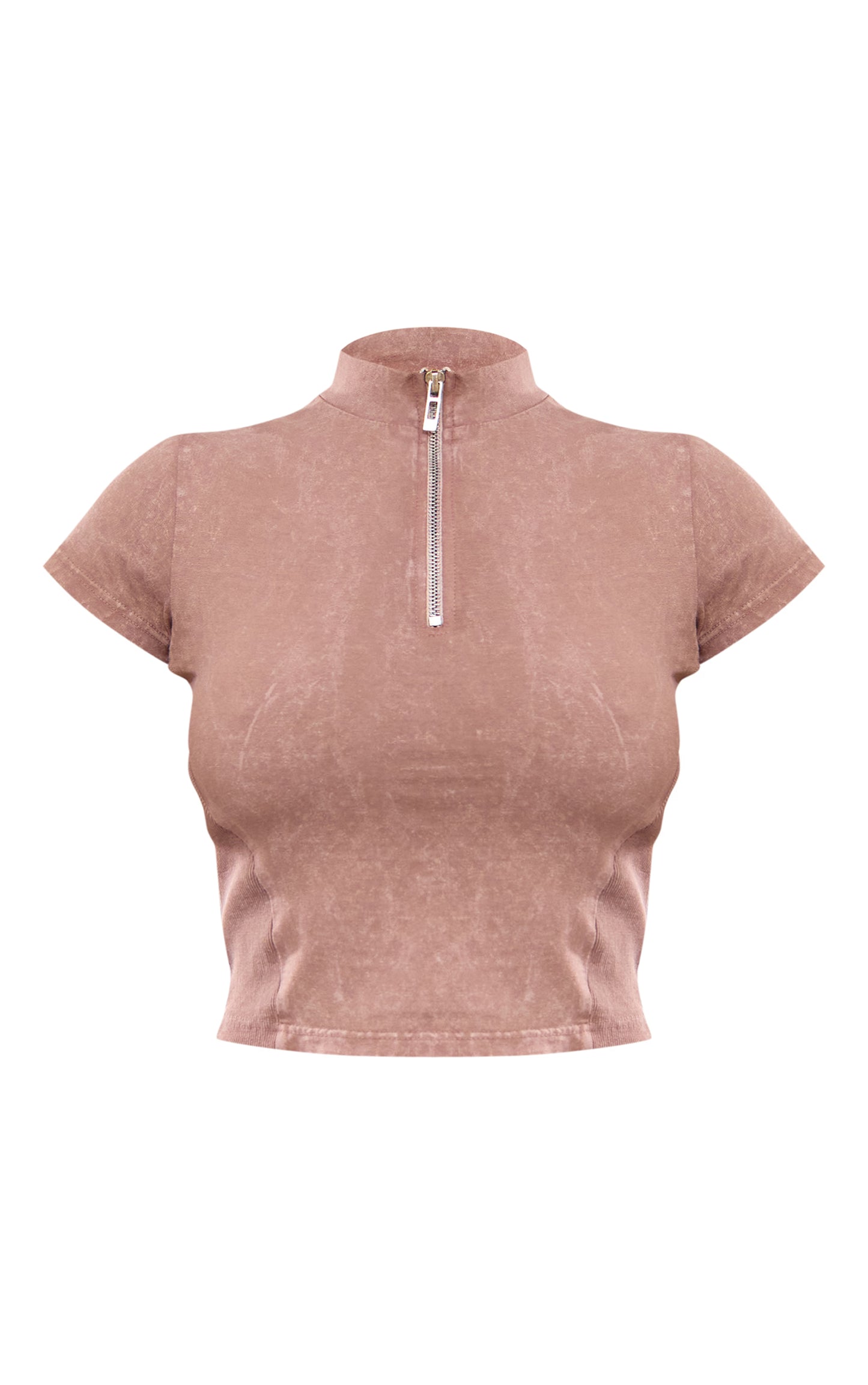Taupe Washed Zip Up Rib Panel Top