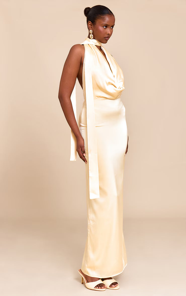 Butter Yellow Satin Cowl Neck Drape Maxi Dress