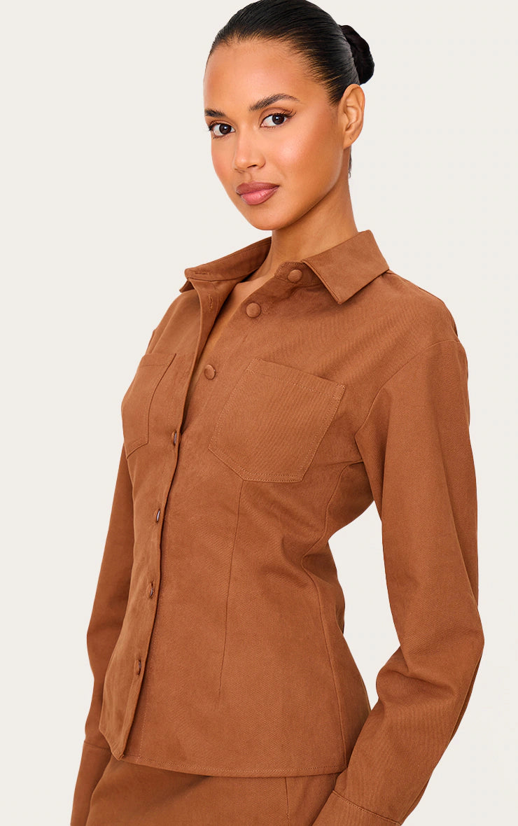 Tan Twill Button Up Cinched Waist Shirt
