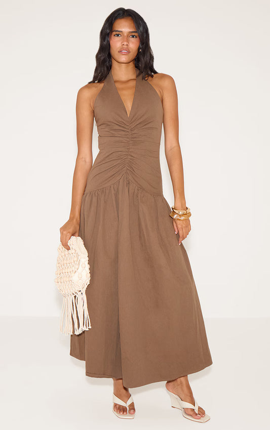 Chocolate Woven Ruched Detail Maxi Dress