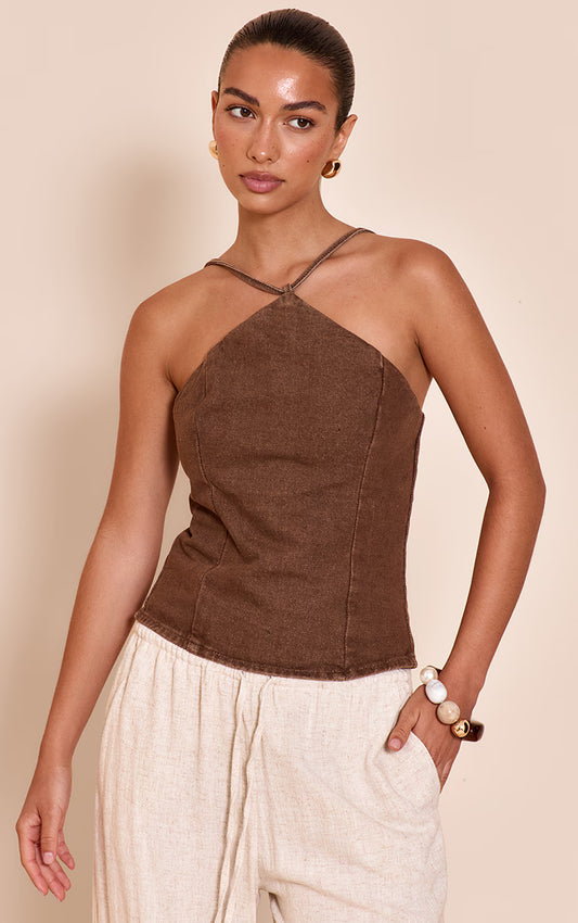 Washed Brown Halterneck Stretch Denim Top