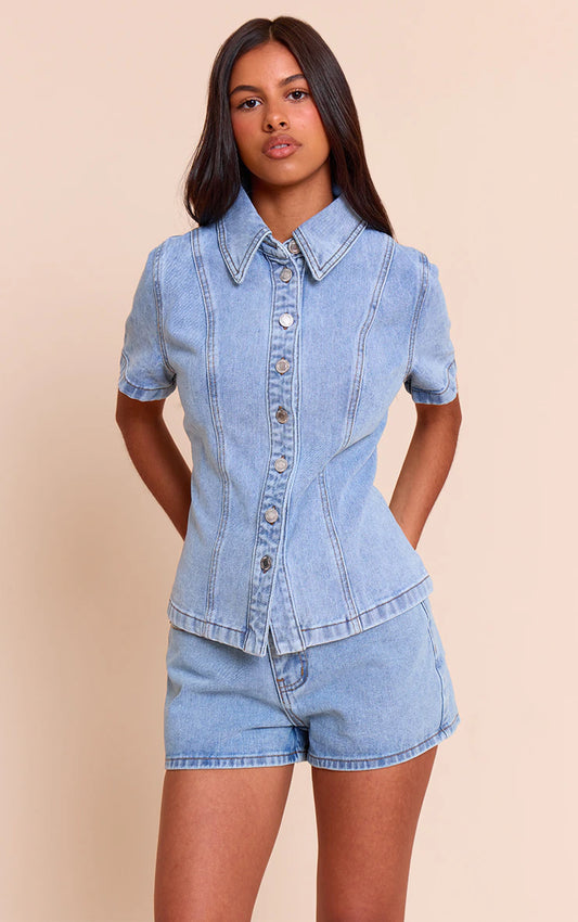 Petite Light Blue Denim Button Up Short Sleeve Shirt