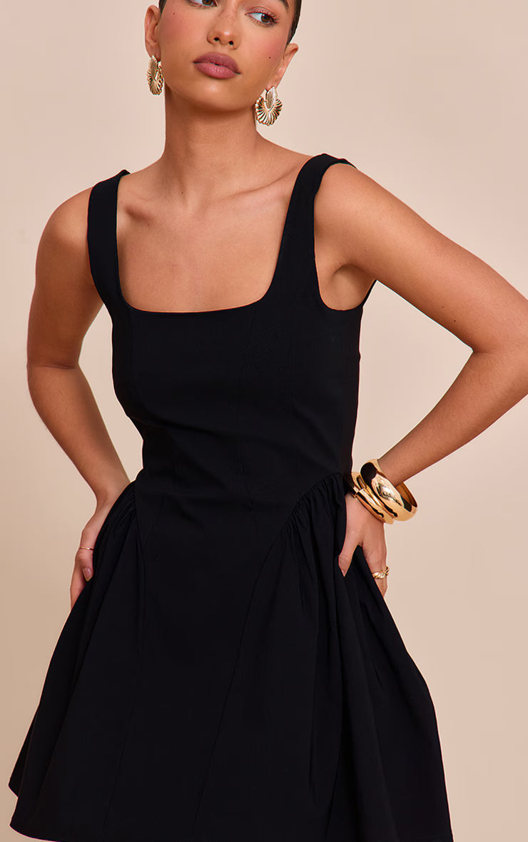 Black Stretch Woven Scoop Neck Shift Dress