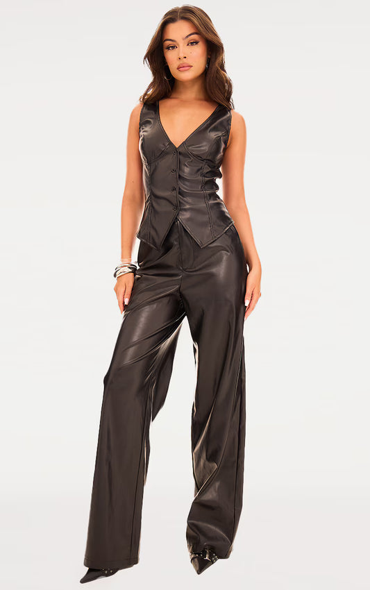 Black Faux Leather Mid Rise Wide Leg Pants
