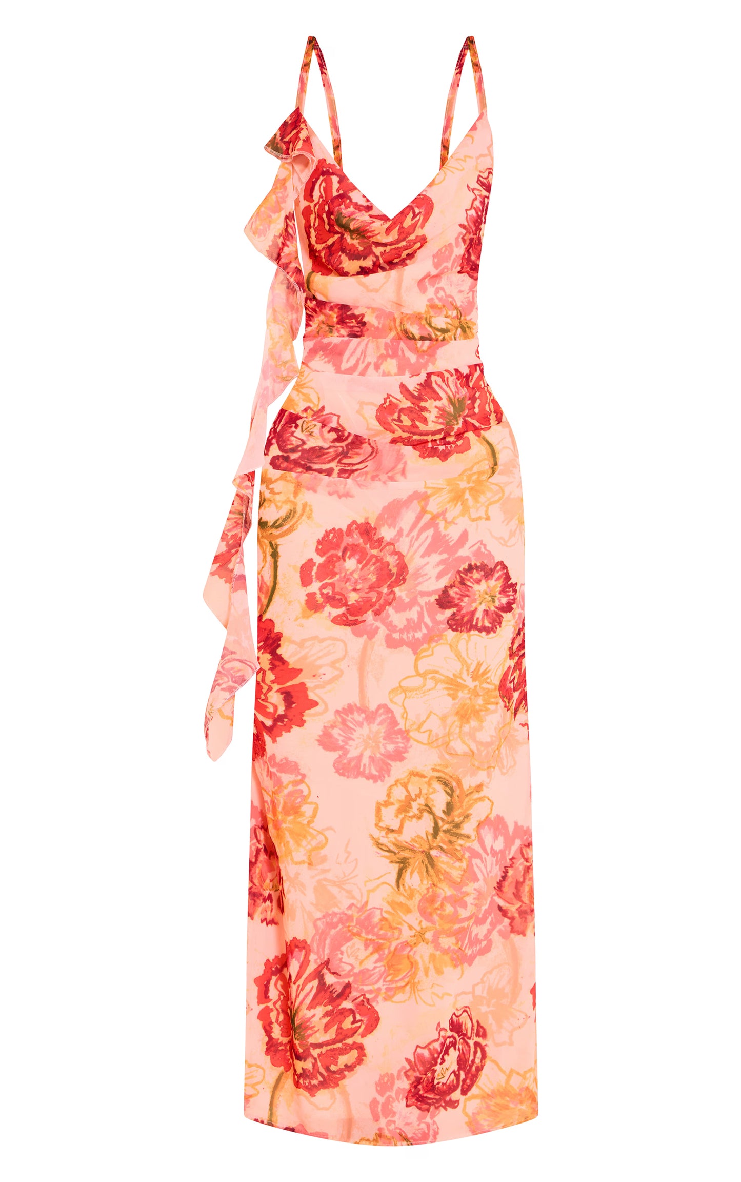 Pink Floral Printed Chiffon Strappy Frill Detail Maxi Dress