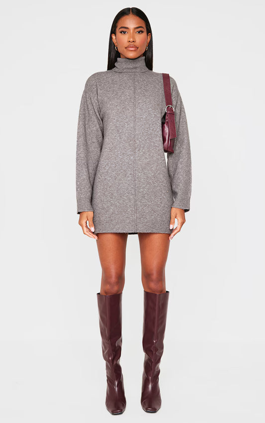Charcoal Soft Knit Roll Neck Oversized Seam Detail Sweater Dress