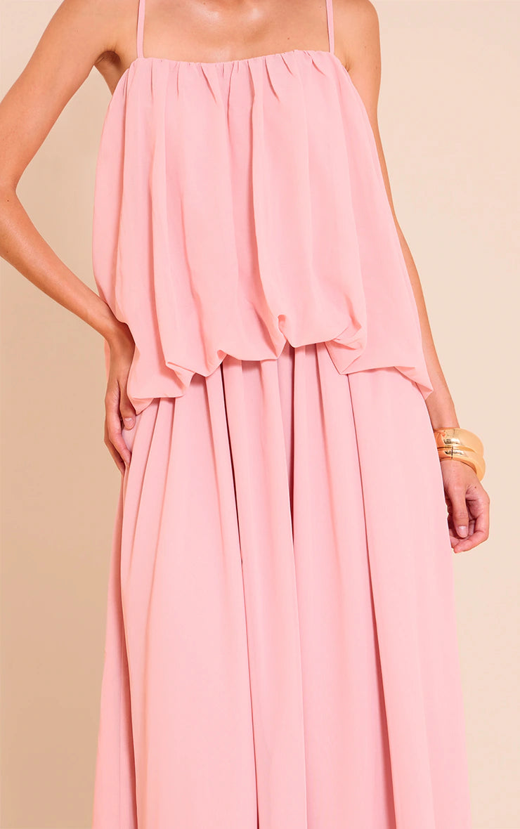 Blush Chiffon Layered Puffball Maxi Dress