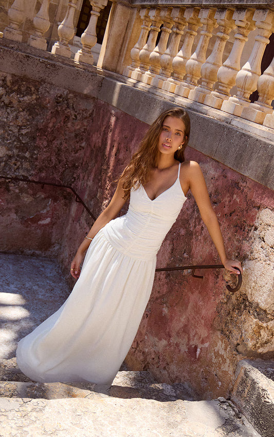 Almond Chiffon Ruched Dropped Waist Maxi Dress