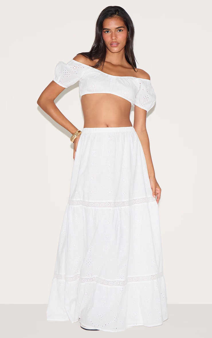 White Broderie Floaty Maxi Skirt