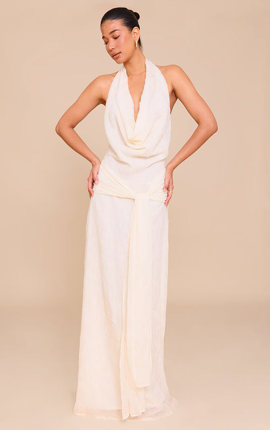 Natural Textured Cowl Neck Wrap Maxi Dress