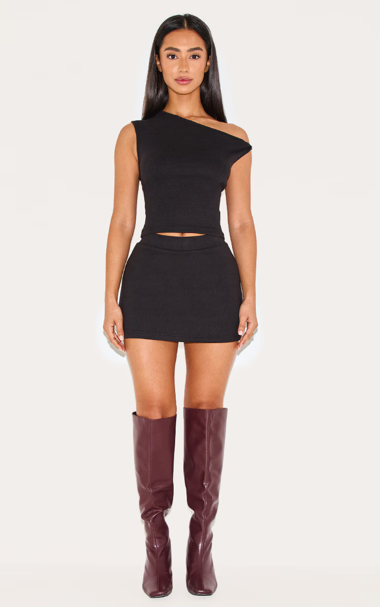 Petite Black Ribbed Twist Detail Top