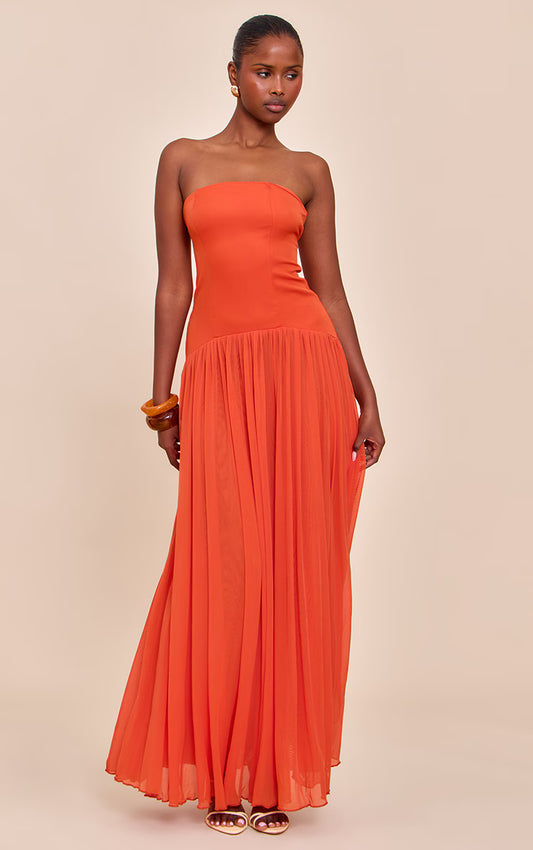 Orange Bandeau Chiffon Pleated Maxi Dress