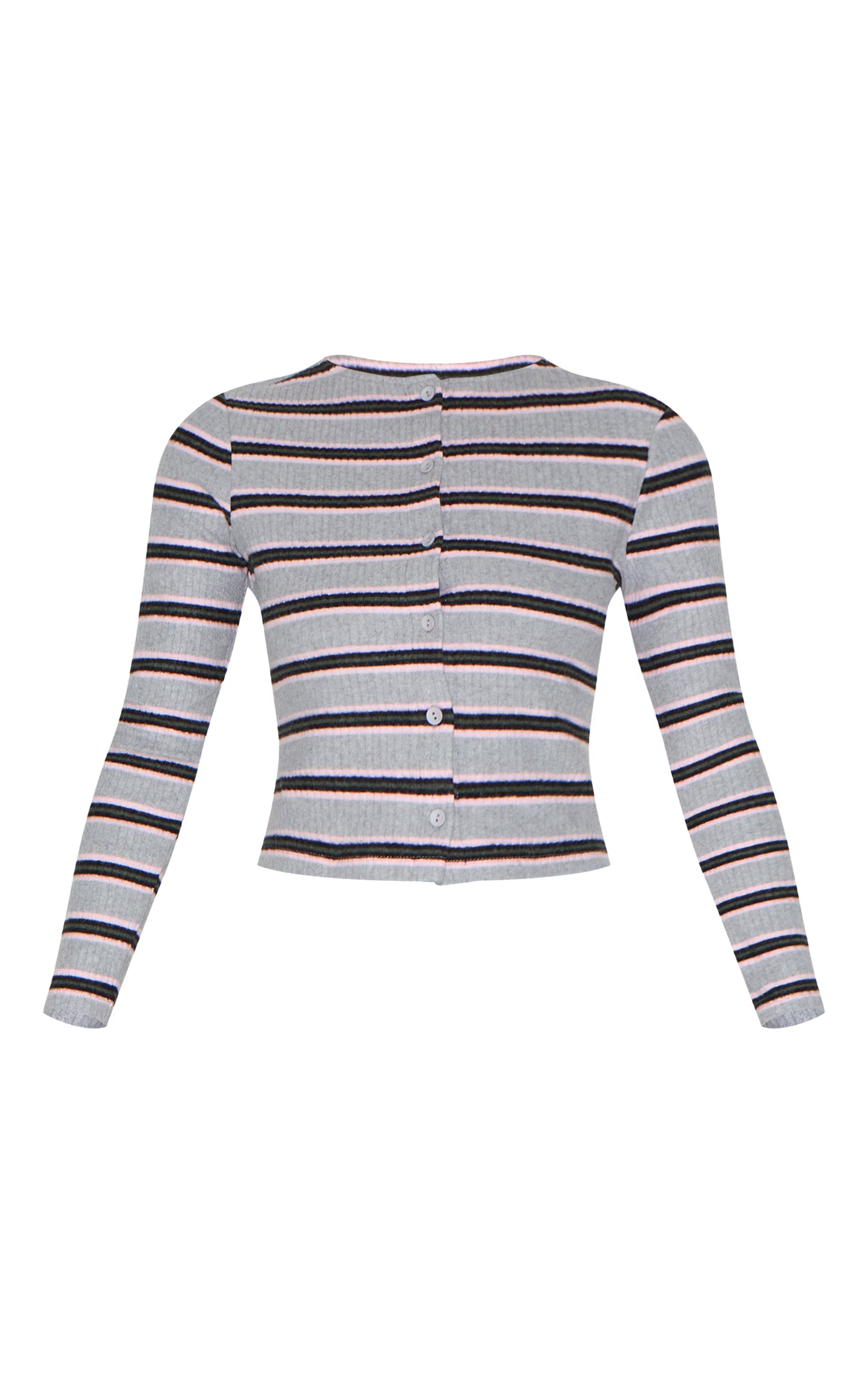 Grey Brushed Rib Striped Long Sleeve Button Up Top
