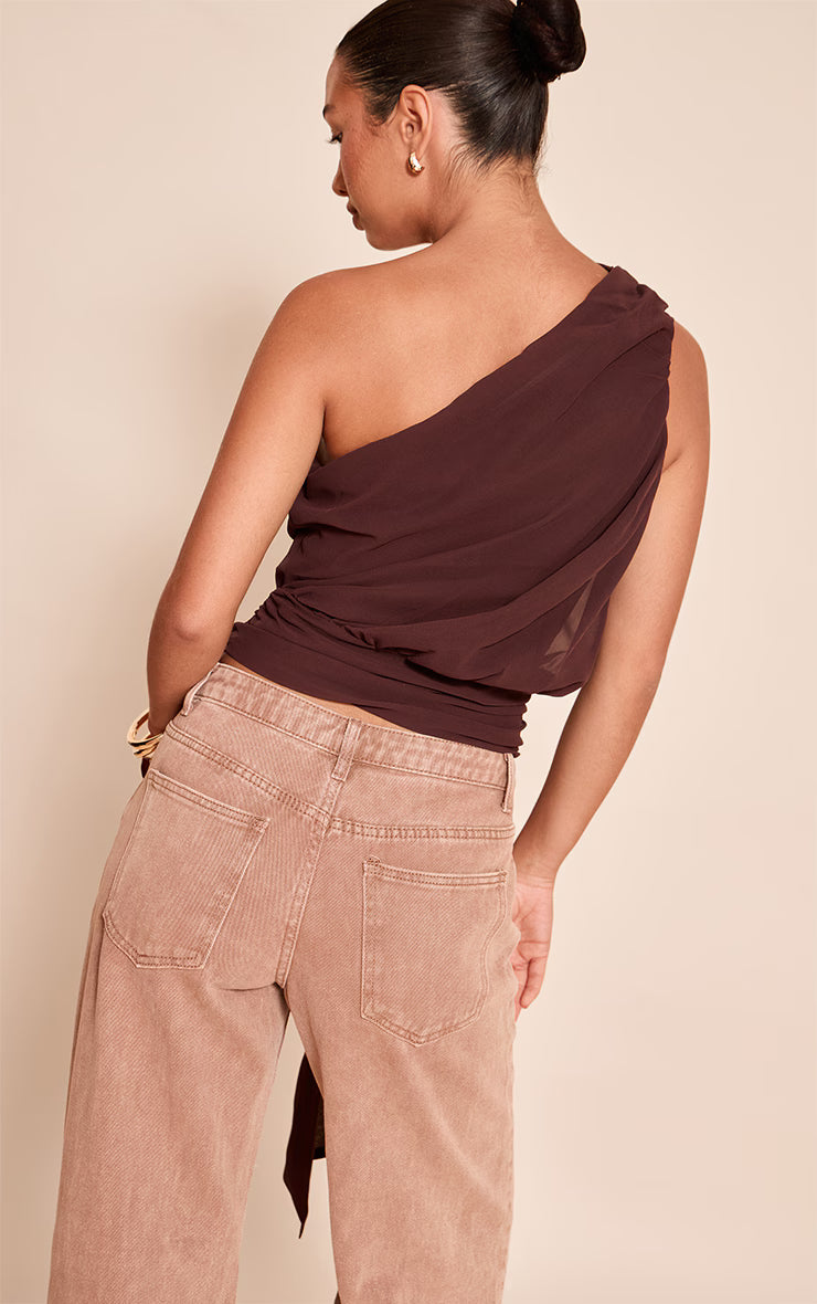Chocolate Plum Chiffon One Shoulder Ruched Trim Drape Top