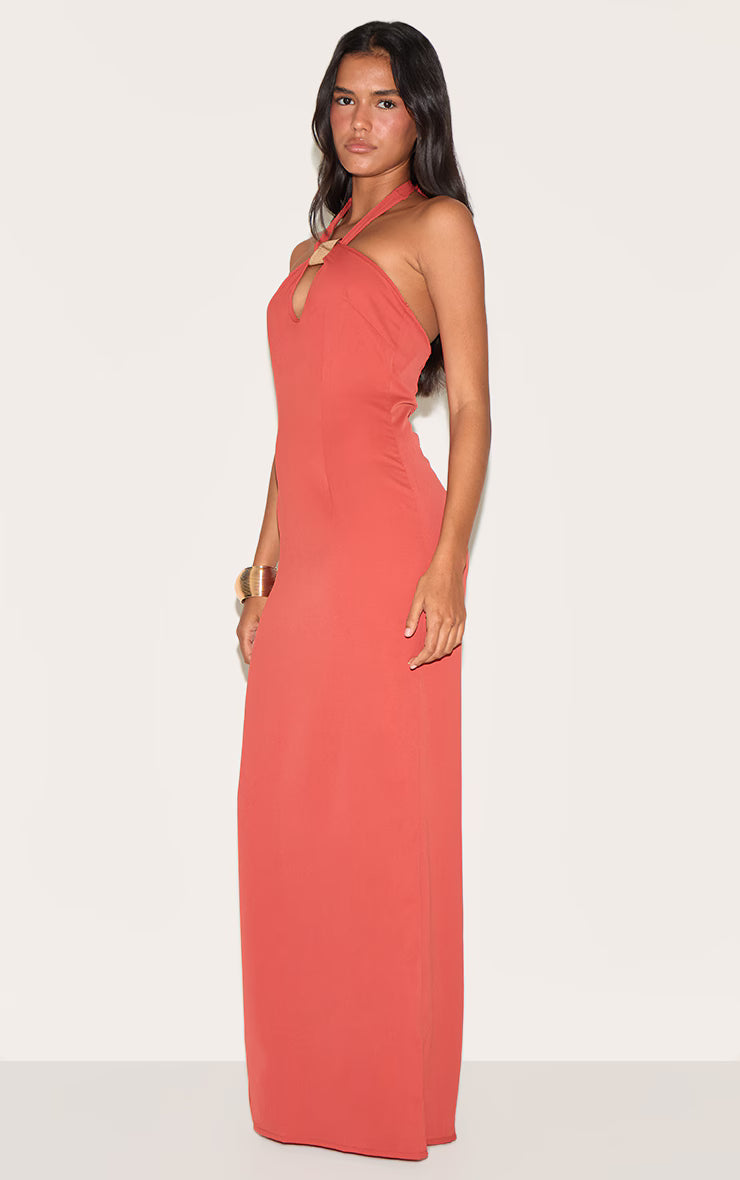 Rust Woven Halter Neck Trim Detail Maxi Dress