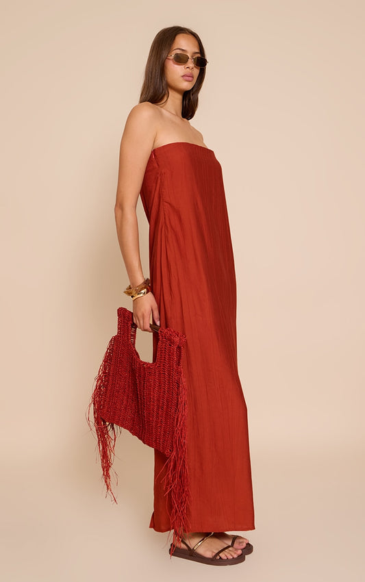 Rust Textured Column Bandeau Maxi Dress